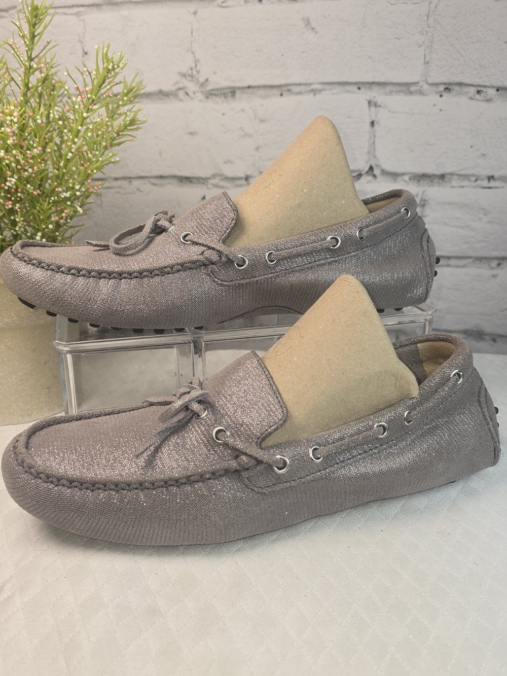 COLE HAAN METALLIC PEWTER/GRAY LEATHER DRIVING MOCASSINS TIE BOW FLAT WOMES 7B